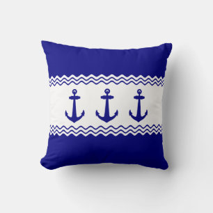 Coastal Turquoise Blue Anchor Stripe Nautical Cushion