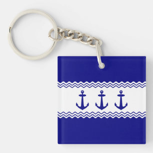 Coastal Turquoise Blue Anchor Stripe Nautical Key Ring