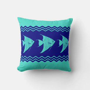 Coastal Turquoise Blue Angelfish Stripe Cushion