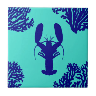Coastal Turquoise Blue Lobster Pattern Ceramic Tile