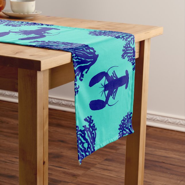 Coastal Turquoise Blue Lobster Pattern Medium Table Runner (In Situ)