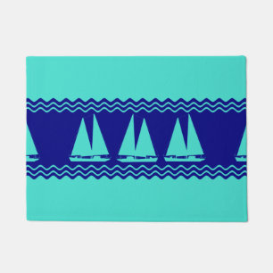 Coastal Turquoise Blue Sailboat Pattern Nautical Doormat