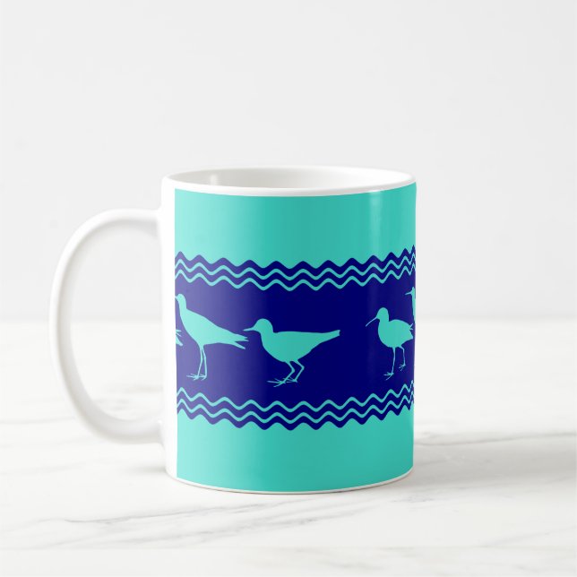 Coastal Turquoise Blue Sandpiper Birds Pattern Coffee Mug (Left)