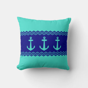 Coastal Turquoise Blue Stripe Anchor Nautical Cushion