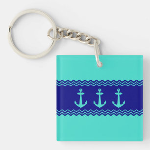 Coastal Turquoise Blue Stripe Anchor Nautical Key Ring