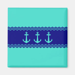 Coastal Turquoise Blue Stripe Anchor Nautical Magnet