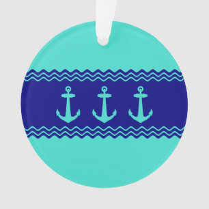 Coastal Turquoise Blue Stripe Anchor Nautical Ornament