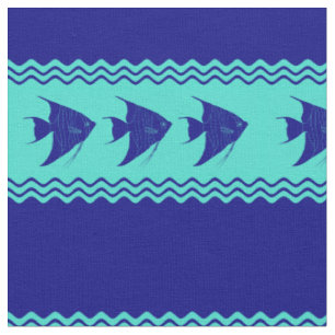 Coastal Turquoise Blue Stripe Angelfish Pattern Fabric