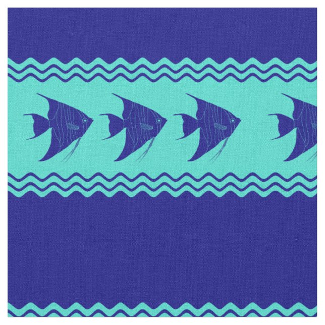 Coastal Turquoise Blue Stripe Angelfish Pattern Fabric (Close Up)