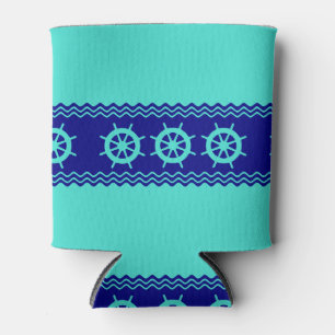 Coastal Turquoise Blue Stripe Helm Nautical Can Cooler