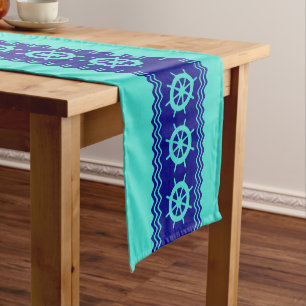 Coastal Turquoise Blue Stripe Helm Nautical Medium Table Runner