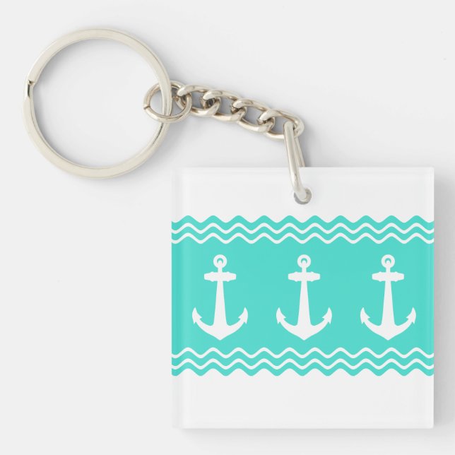 Coastal Turquoise Stripe Anchor Nautical Key Ring (Front)
