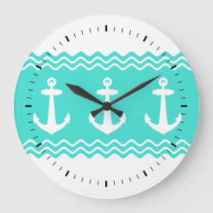 Coastal Turquoise Stripe Anchor Nautical Large Clock