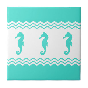 Coastal Turquoise White Ocean Seahorses Ceramic Tile