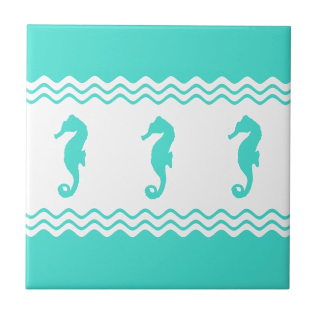 Coastal Turquoise White Ocean Seahorses Ceramic Tile (Front)