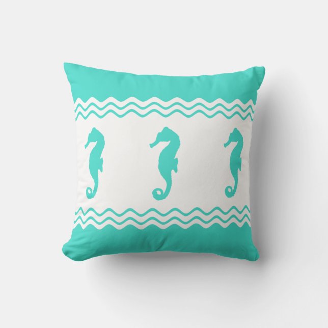 Coastal Turquoise White Ocean Seahorses Cushion (Front)