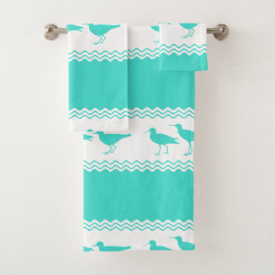 Coastal Turquoise White Sandpiper Birds Pattern Bath Towel Set