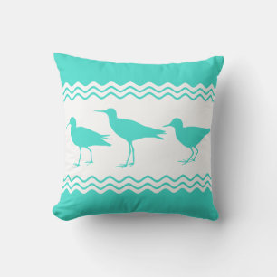 Coastal Turquoise White Sandpiper Birds Pattern Cushion