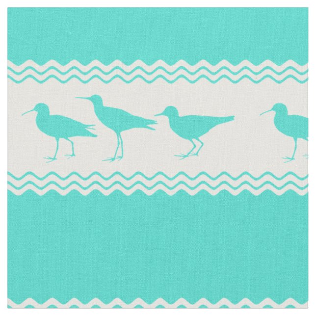 Coastal Turquoise White Sandpiper Birds Pattern Fabric (Close Up)