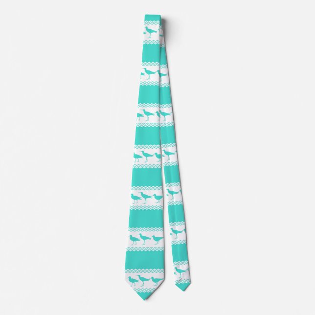 Coastal Turquoise White Sandpiper Birds Pattern Tie (Front)