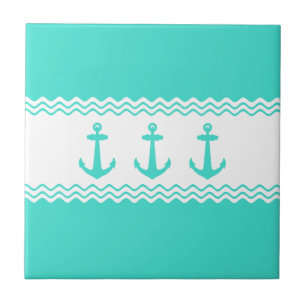 Coastal Turquoise White Stripe Anchor Nautical Ceramic Tile