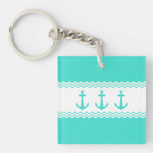 Coastal Turquoise White Stripe Anchor Nautical Key Ring