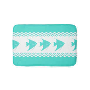 Coastal Turquoise White Stripe Angelfish Pattern Bath Mat