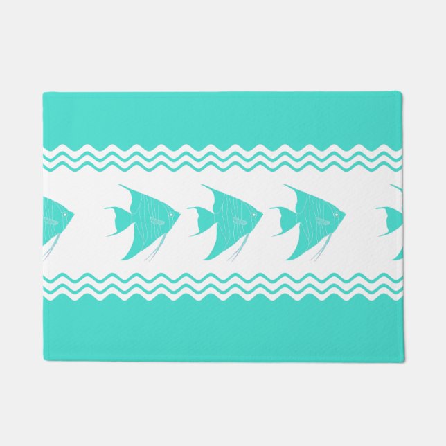 Coastal Turquoise White Stripe Angelfish Pattern Doormat (Front)