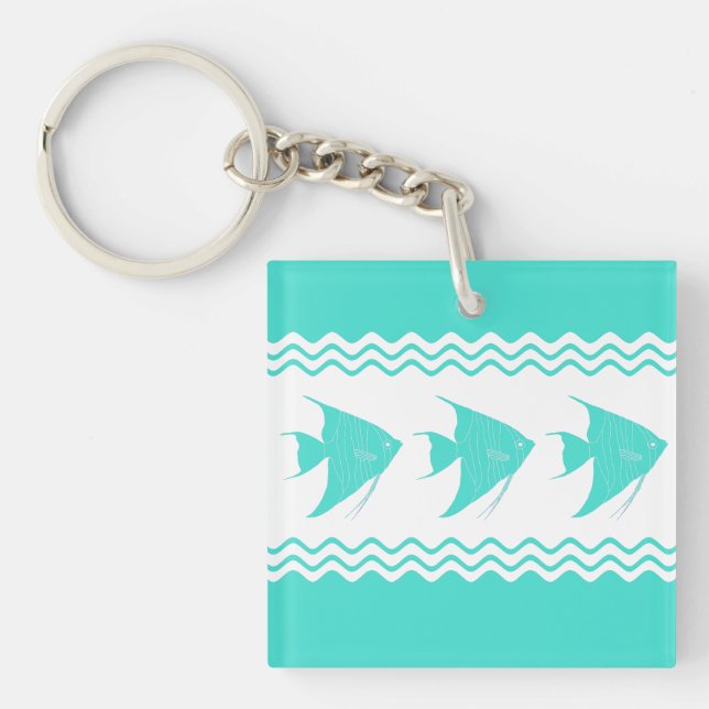 Coastal Turquoise White Stripe Angelfish Pattern Key Ring (Front)