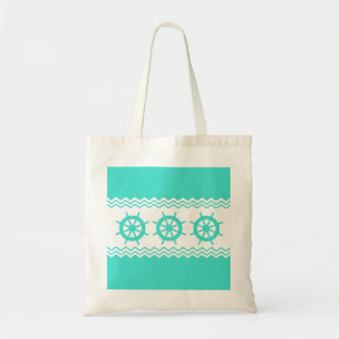 Coastal Turquoise White Stripe Helm Nautical Tote Bag