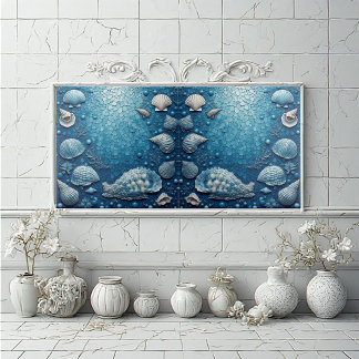 Coastal Underwater Seashell Fish Ocean Bubble Blue Ceramic Tile
