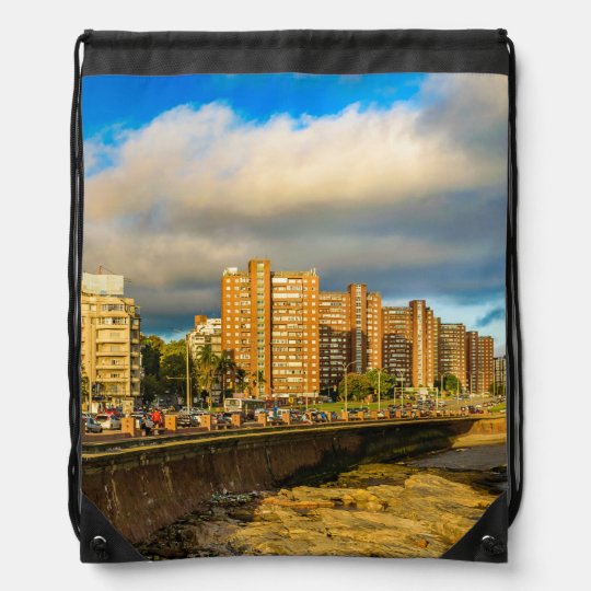 Coastal Urban Scene, Montevideo, Uruguay Drawstring Bag