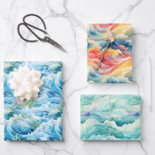 Coastal vibrant gift wrap paper set of 3