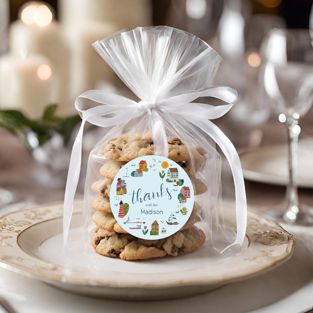 Coastal Village Blue Boy Nautical Baby Shower Classic Round Sticker (Coastal Village Blue Boy Nautical Baby Shower Classic Round Sticker)