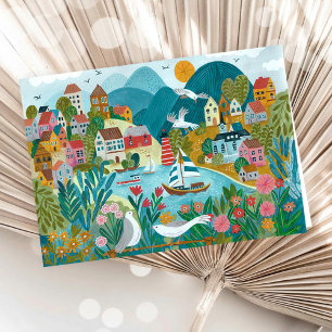 Coastal Village Harbour Scenic Illustration  Card