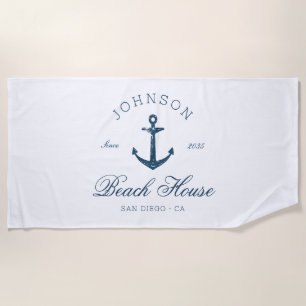Coastal Vintage Beach House Anchor Navy Blue  Towel