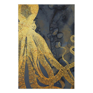 Coastal Vintage Octopus Gold Black Blue Watercolor Faux Canvas Print