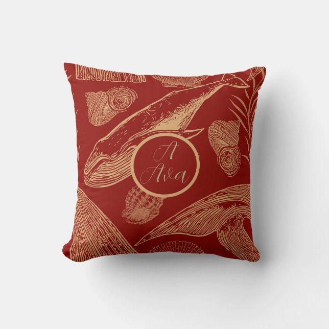 Coastal Vintage Whale, Nursery, Red Cushion (Front)