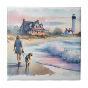 Coastal Walk to Lighthouse at Sunset Ceramic Tile