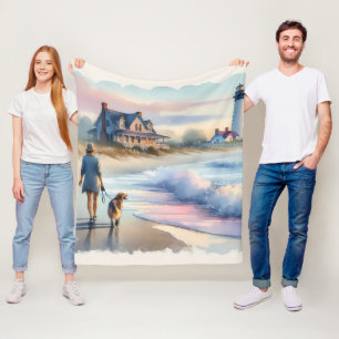 Coastal Walk to Lighthouse at Sunset Fleece Blanket