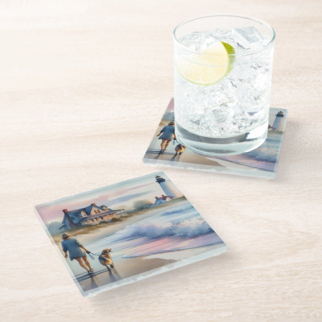 Coastal Walk to Lighthouse at Sunset Glass Coaster (Angled)