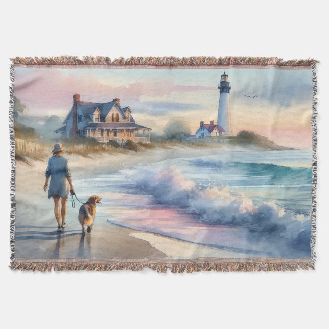Coastal Walk to Lighthouse at Sunset Throw Blanket (Front)