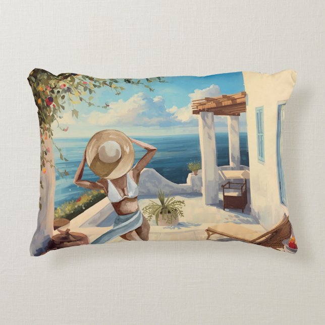 Coastal Wall Art | Mediterranean Woman Seaside  Decorative Cushion (Front)