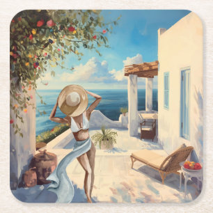 Coastal Wall Art Mediterranean Woman Seaside Square Paper Coaster