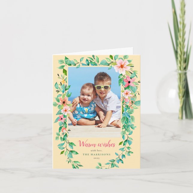 Coastal Warm Wishes Tropical Flowers Holiday Card (Front)