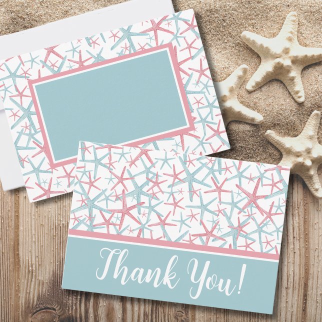Coastal Watercolor Beach Thank You Card (Cute Typography Coastal Watercolor Starfish Beach Thank You Card)