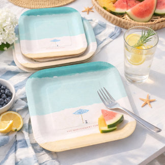 Coastal Watercolor Beach Umbrella Paper Plates