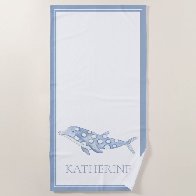 Coastal Watercolor Blue Polka Dot Dolphin Beach Towel (Front)