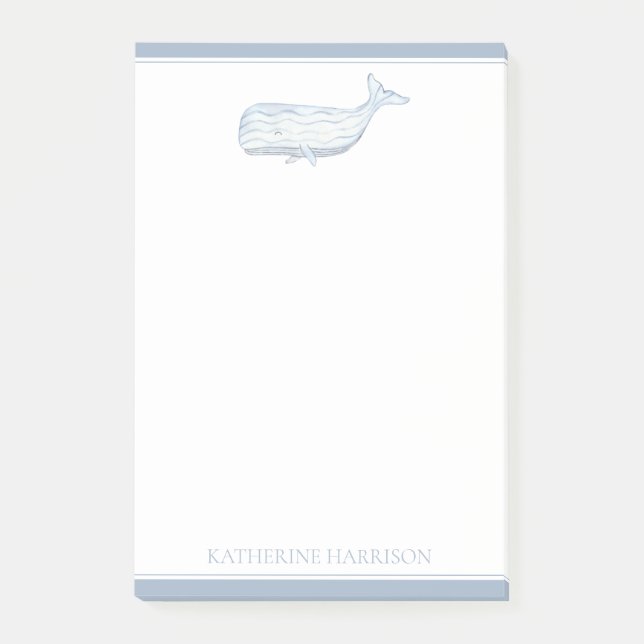 Coastal Watercolor Blue Whale Personalised Post-it Notes (Front)