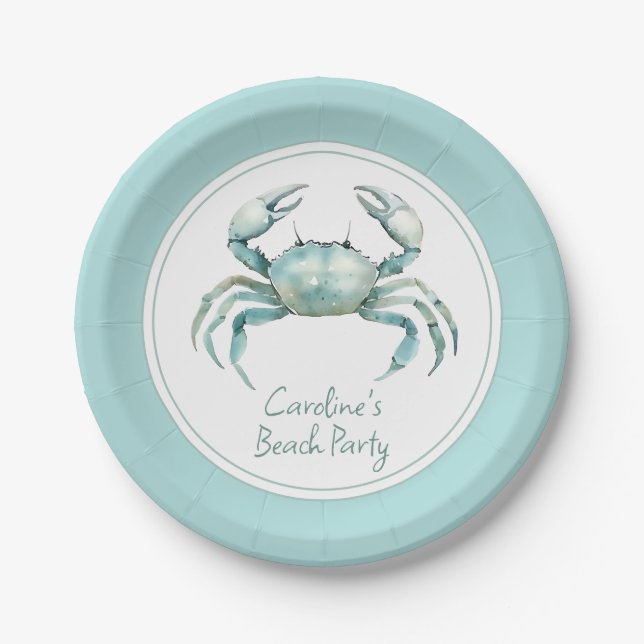 Coastal Watercolor Crab Personalized Paper Plate (Front)